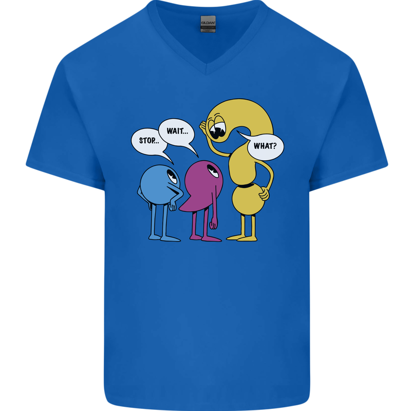 Stop Wait What Funny Punctuation English Lit Mens V-Neck Cotton T-Shirt Royal Blue