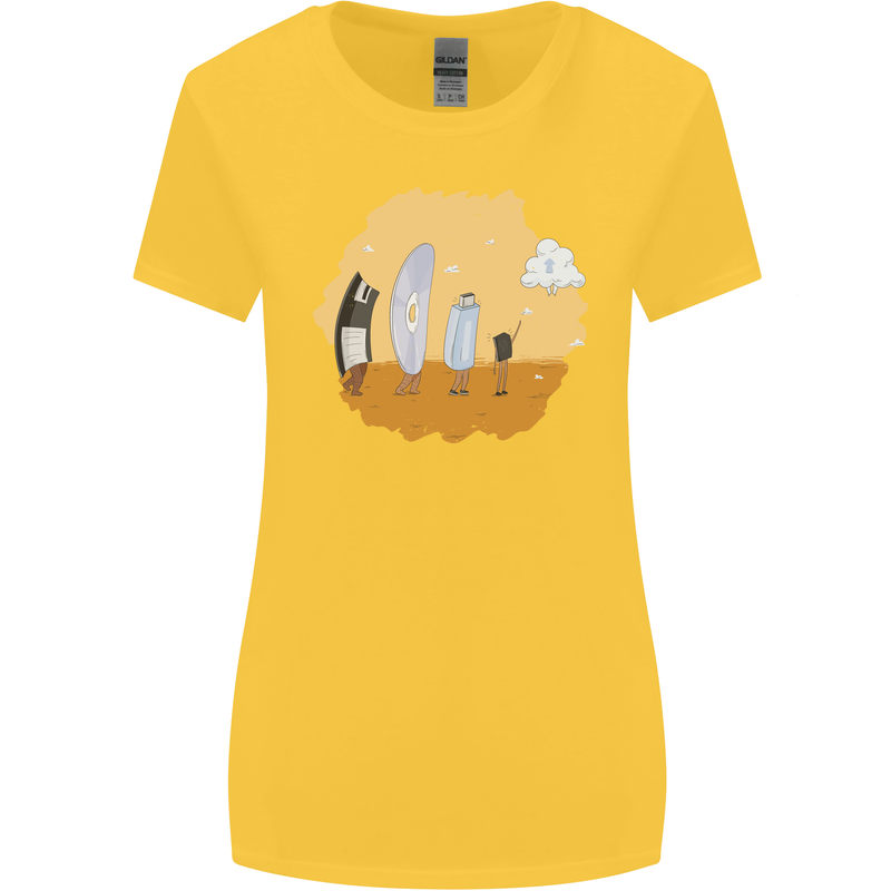 Storage Evolution Floppy Disk to Cloud PC Womens Wider Cut T-Shirt Yellow