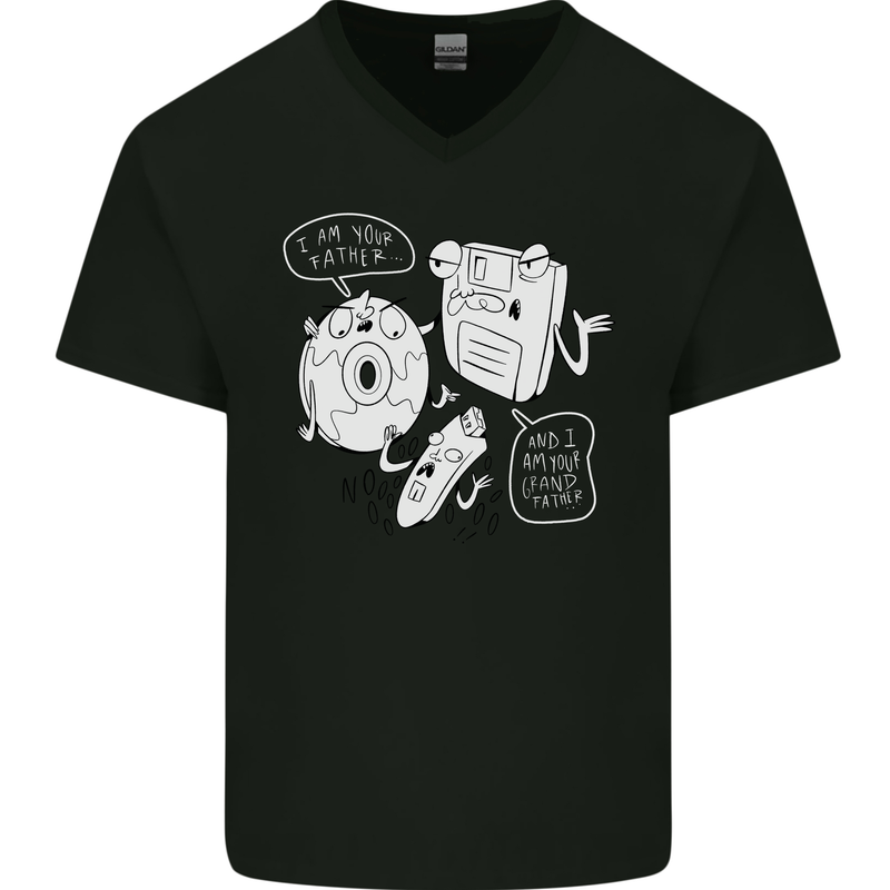Storage Father Flash Drive CD ROM Floppy Mens V-Neck Cotton T-Shirt Black