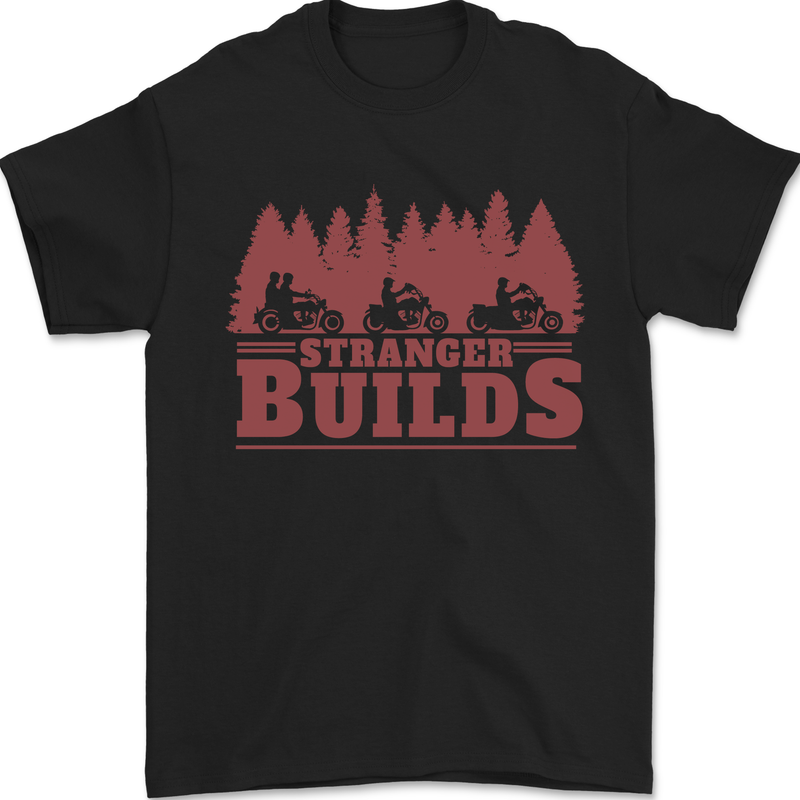 a black t - shirt with the words, strange build's on it