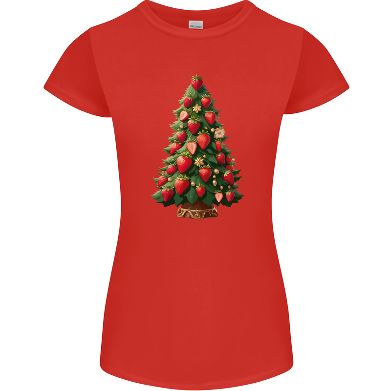 Strawberry Christmas Tree Xmas Womens Petite Cut T-Shirt Red