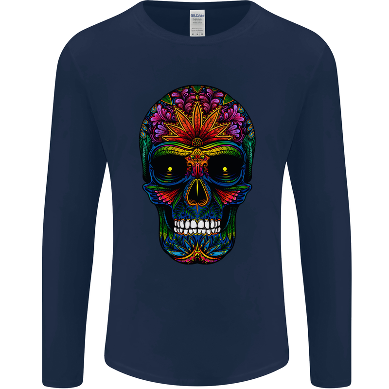 Sugar Skull Mens Long Sleeve T-Shirt Navy Blue