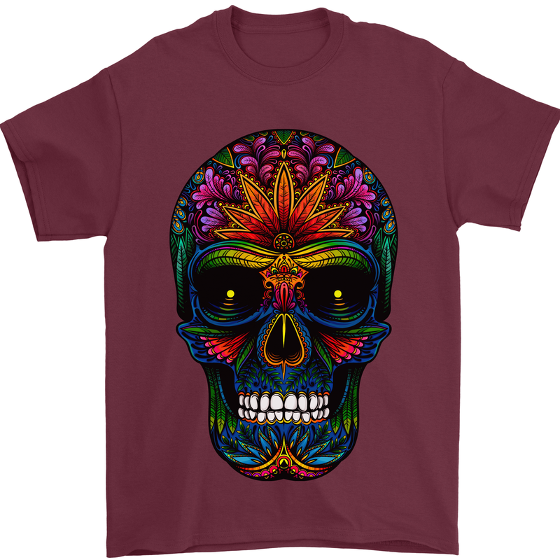 Sugar Skull Mens T-Shirt 100% Cotton Maroon