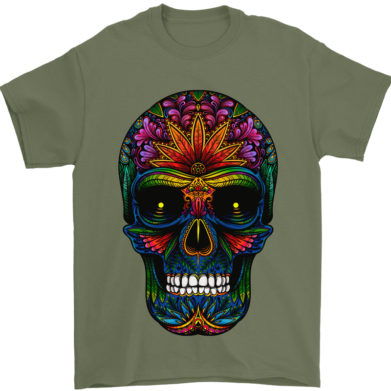 Sugar Skull Mens T-Shirt 100% Cotton Military Green