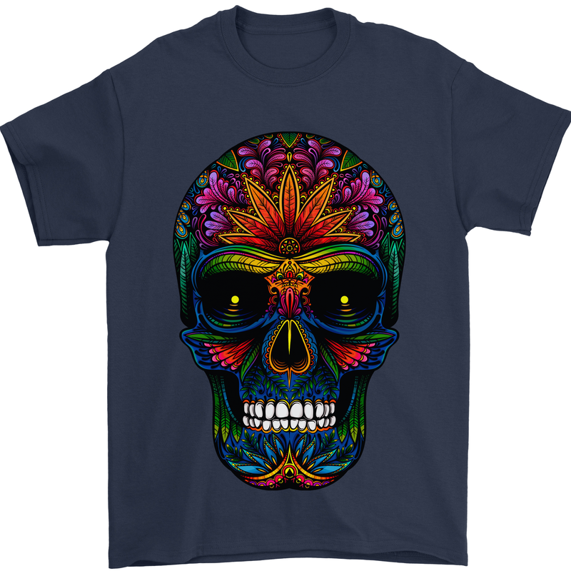 Sugar Skull Mens T-Shirt 100% Cotton Navy Blue