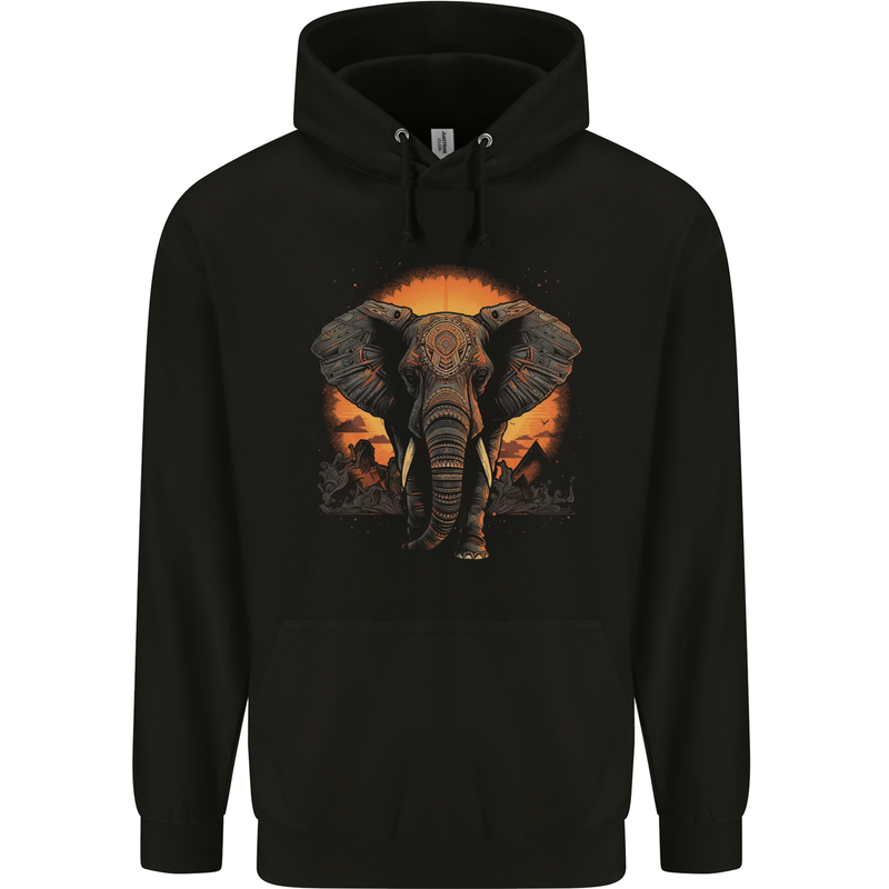 Sunset Tribal Elephant Fantasy Mens 80% Cotton Hoodie Black