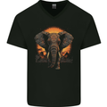 Sunset Tribal Elephant Fantasy Mens V-Neck Cotton T-Shirt Black