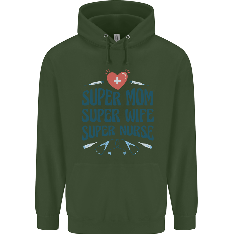 Super Mom Wife Nurse Mothers Day Gift Childrens Kids Hoodie Forest Green