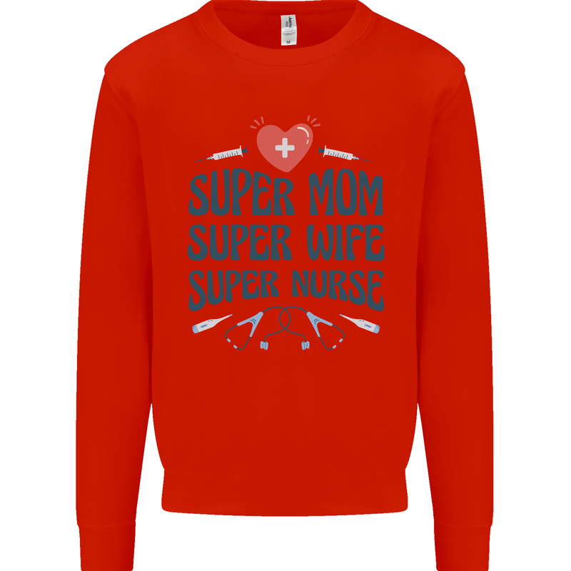 Super Mom Wife Nurse Mothers Day Gift Kids Sweatshirt Jumper Bright Red