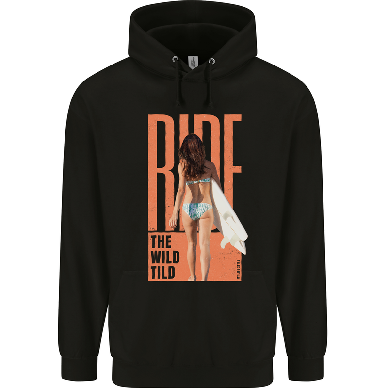 Surfing Ride the Wild Tild Surfer Mens 80% Cotton Hoodie Black