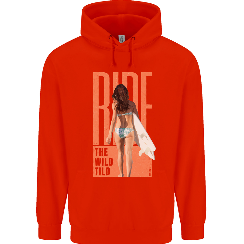 Surfing Ride the Wild Tild Surfer Mens 80% Cotton Hoodie Bright Red