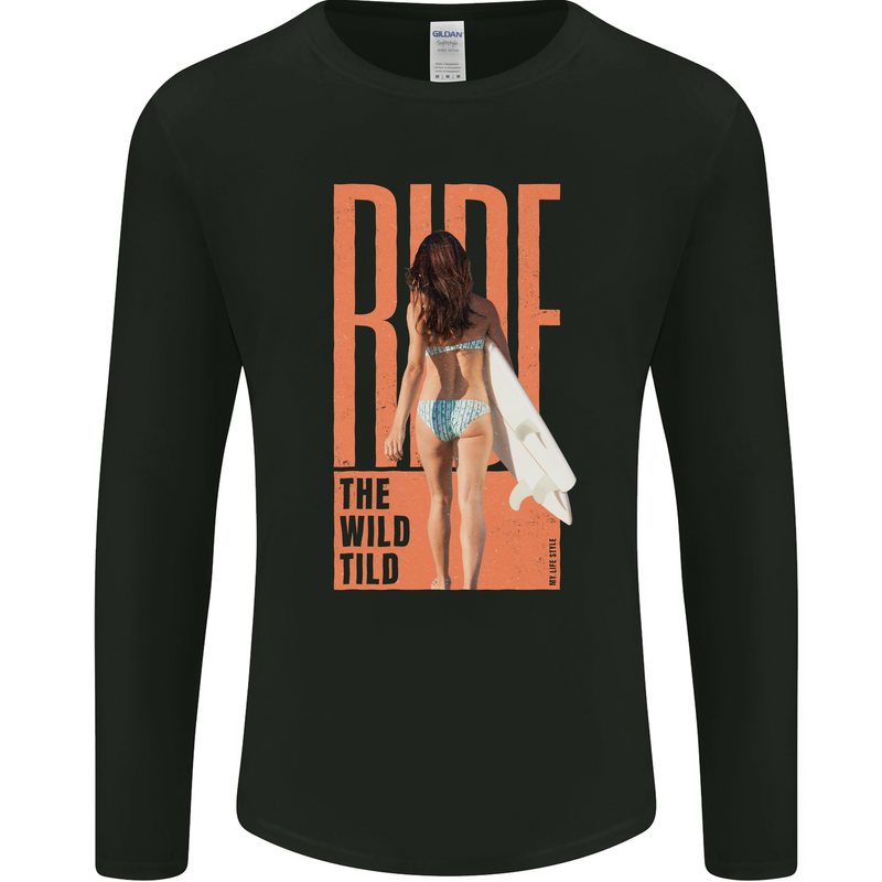 Surfing Ride the Wild Tild Surfer Mens Long Sleeve T-Shirt Black