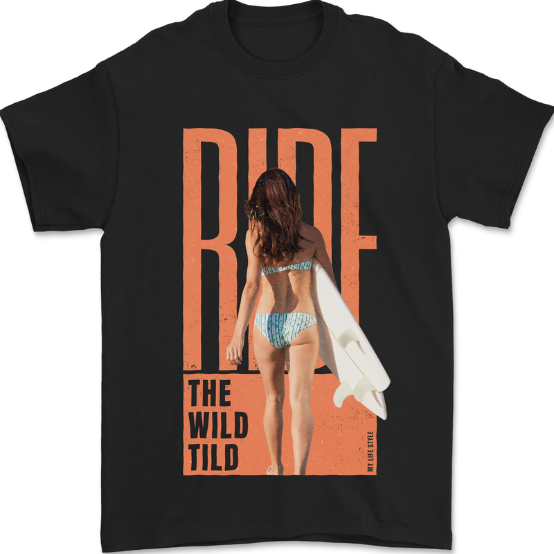 Surfing Ride the Wild Tild Surfer Mens T-Shirt 100% Cotton Black