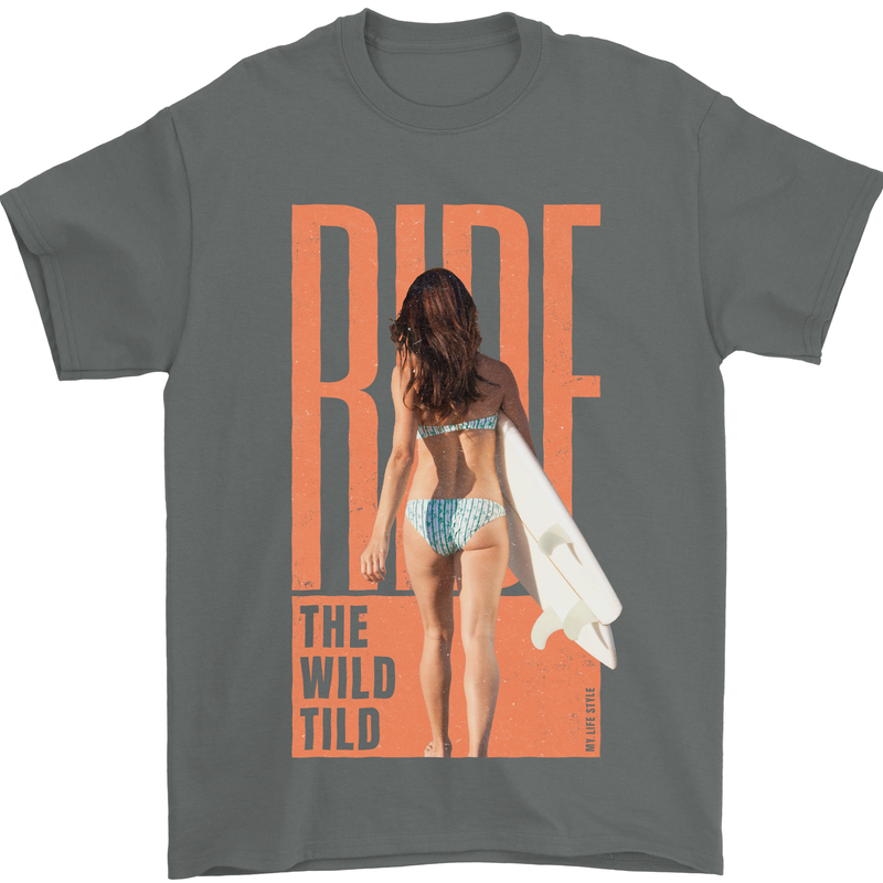 Surfing Ride the Wild Tild Surfer Mens T-Shirt 100% Cotton Charcoal