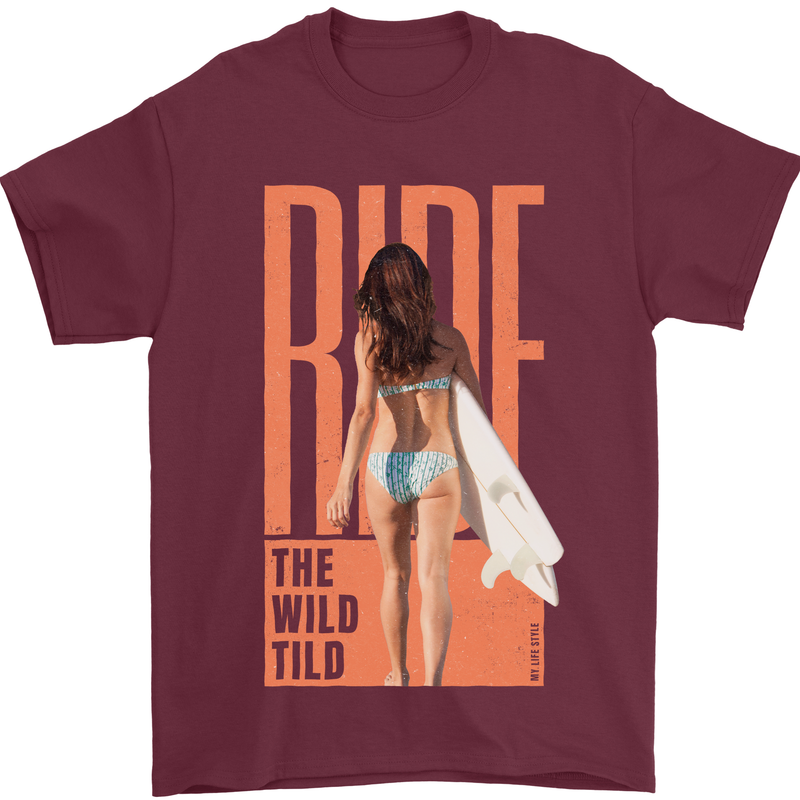 Surfing Ride the Wild Tild Surfer Mens T-Shirt 100% Cotton Maroon