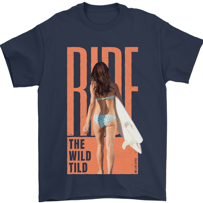 Surfing Ride the Wild Tild Surfer Mens T-Shirt 100% Cotton Navy Blue