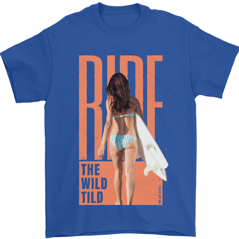 Surfing Ride the Wild Tild Surfer Mens T-Shirt 100% Cotton Royal Blue