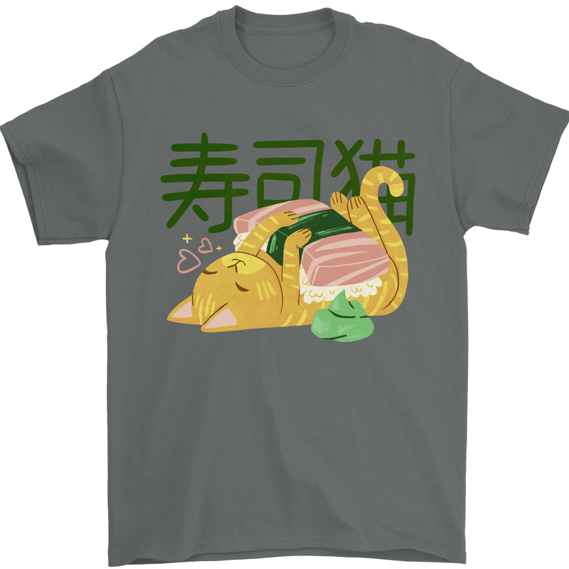 Sushi Cat Mens T-Shirt 100% Cotton Charcoal