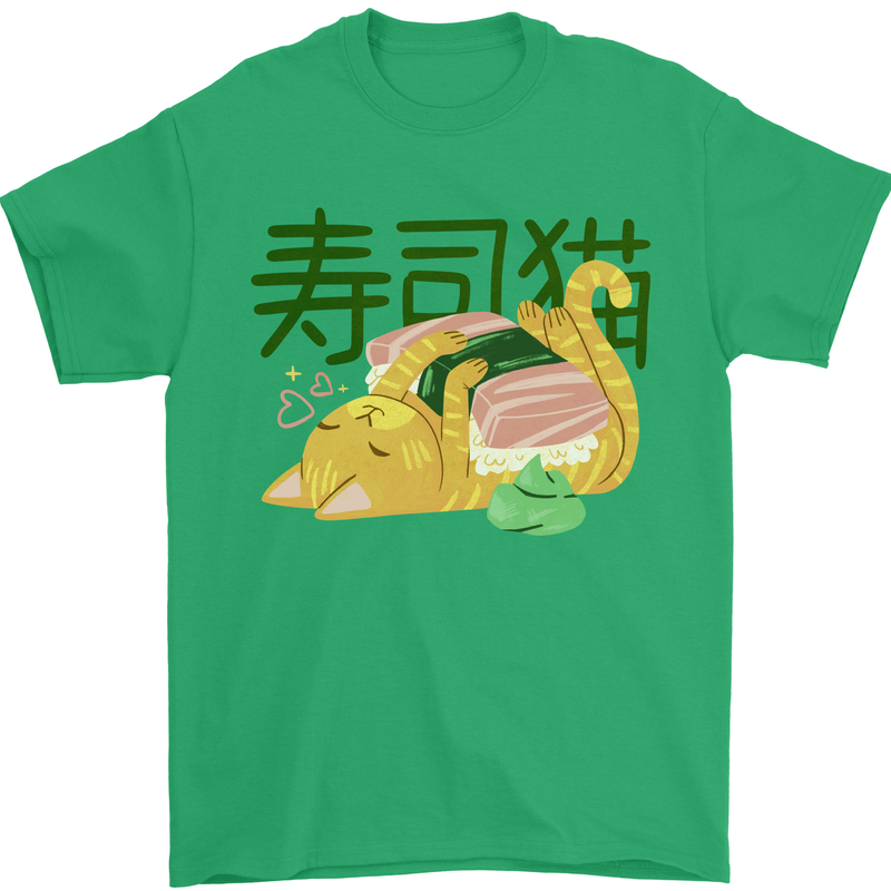Sushi Cat Mens T-Shirt 100% Cotton Irish Green