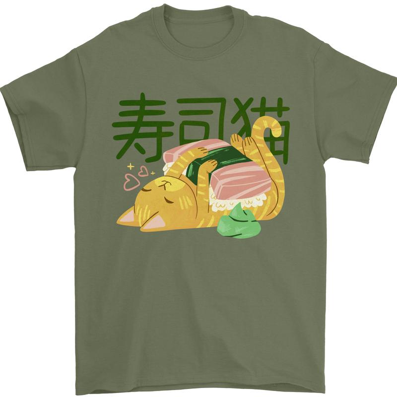 Sushi Cat Mens T-Shirt 100% Cotton Military Green