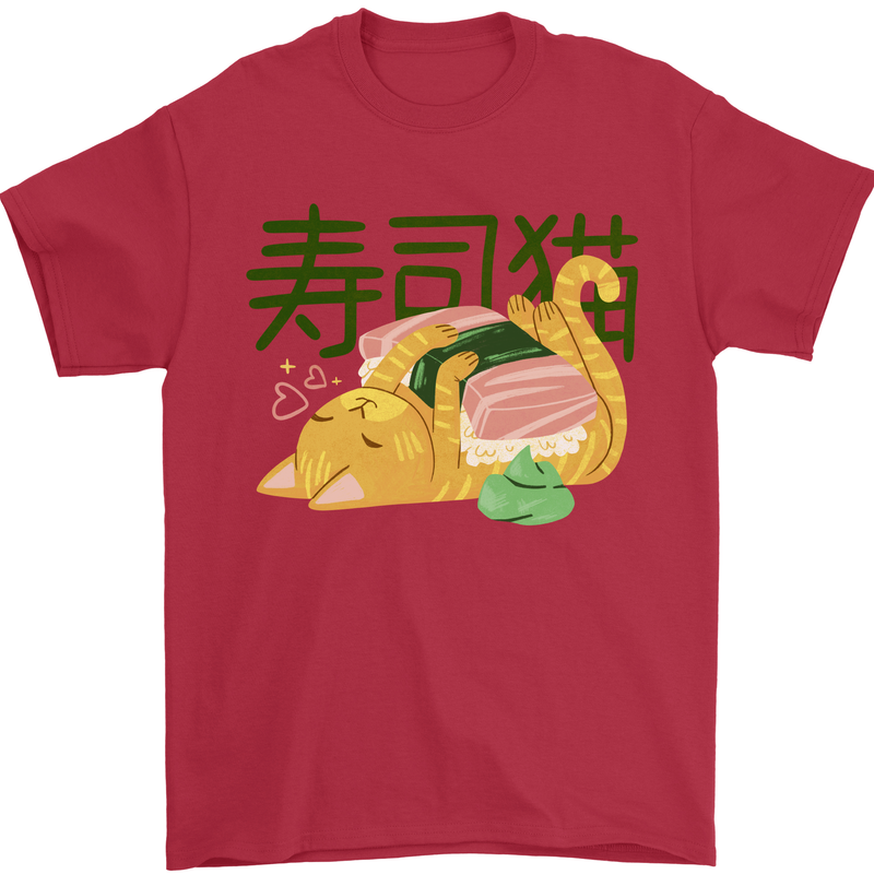 Sushi Cat Mens T-Shirt 100% Cotton Red