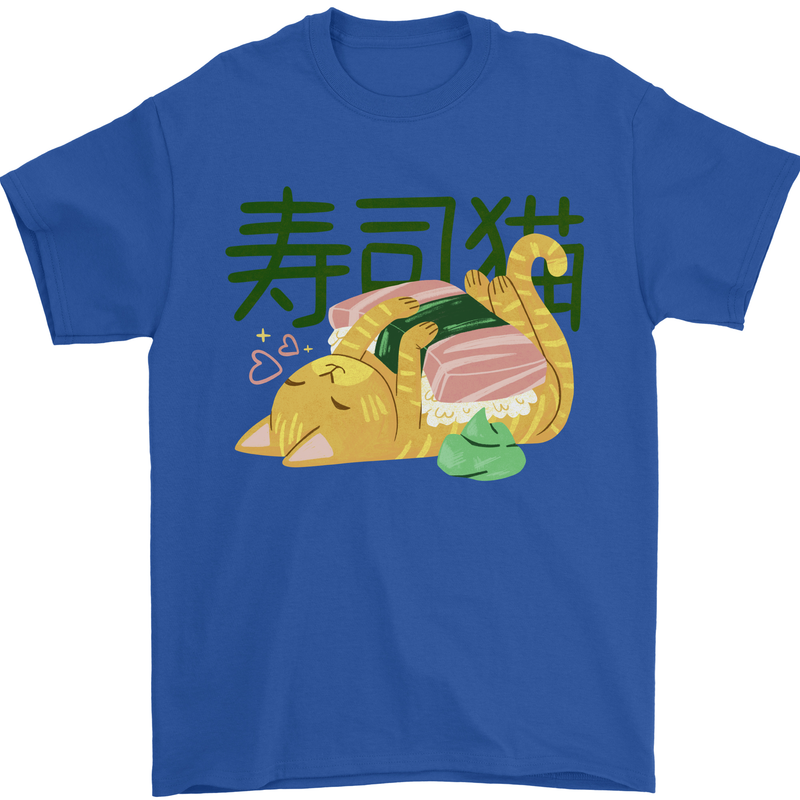 Sushi Cat Mens T-Shirt 100% Cotton Royal Blue