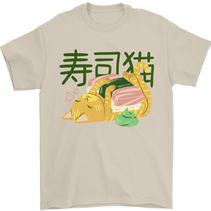 Sushi Cat Mens T-Shirt 100% Cotton Sand