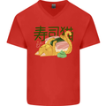 Sushi Cat Mens V-Neck Cotton T-Shirt Red
