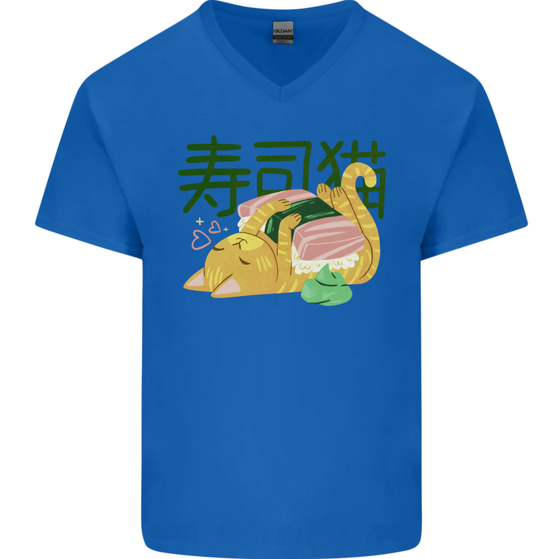 Sushi Cat Mens V-Neck Cotton T-Shirt Royal Blue