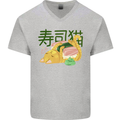 Sushi Cat Mens V-Neck Cotton T-Shirt Sports Grey