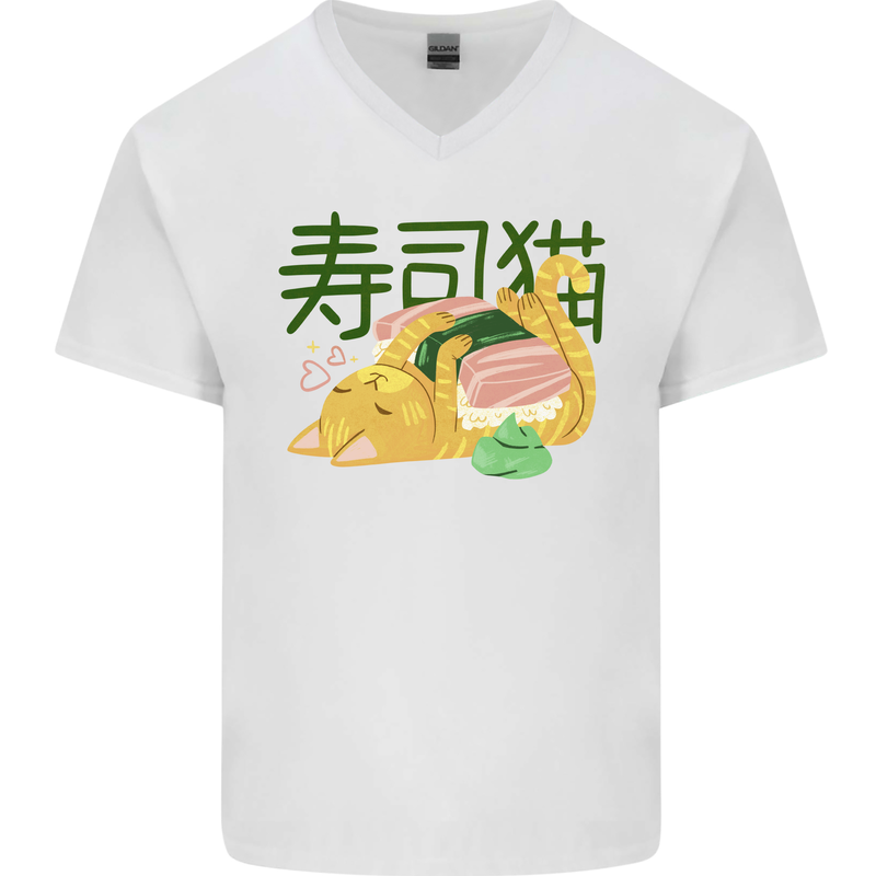 Sushi Cat Mens V-Neck Cotton T-Shirt White