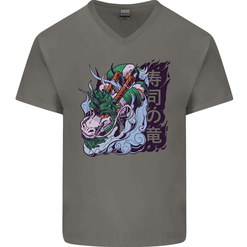 Sushi Dragon Mens V-Neck Cotton T-Shirt Charcoal