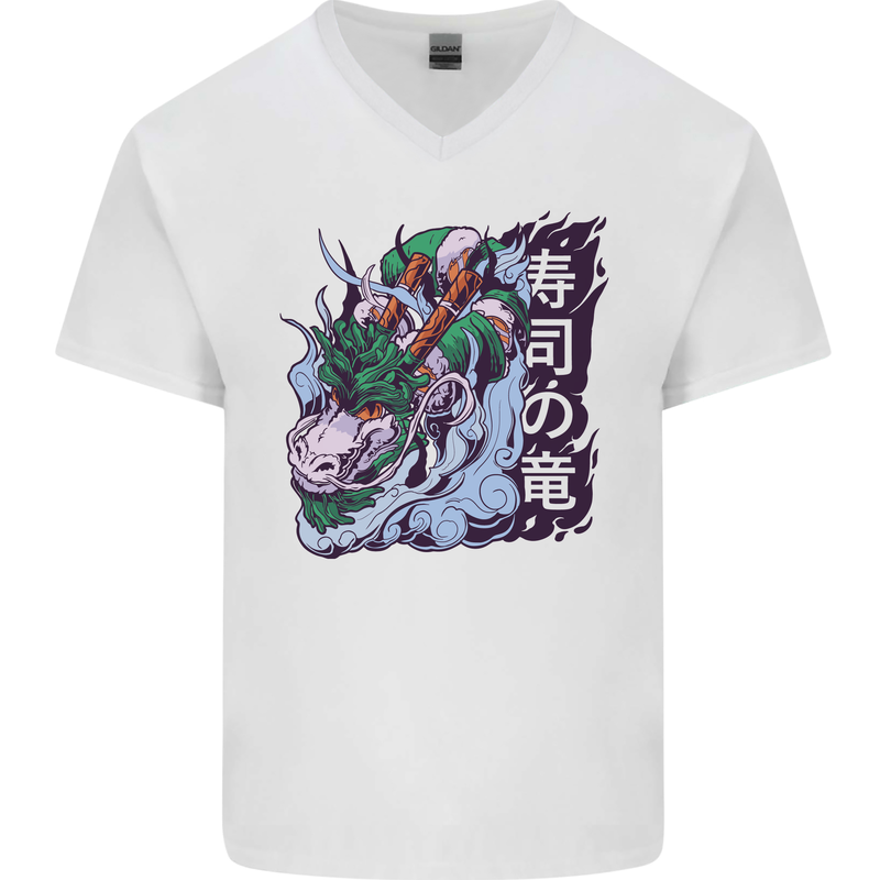 Sushi Dragon Mens V-Neck Cotton T-Shirt White