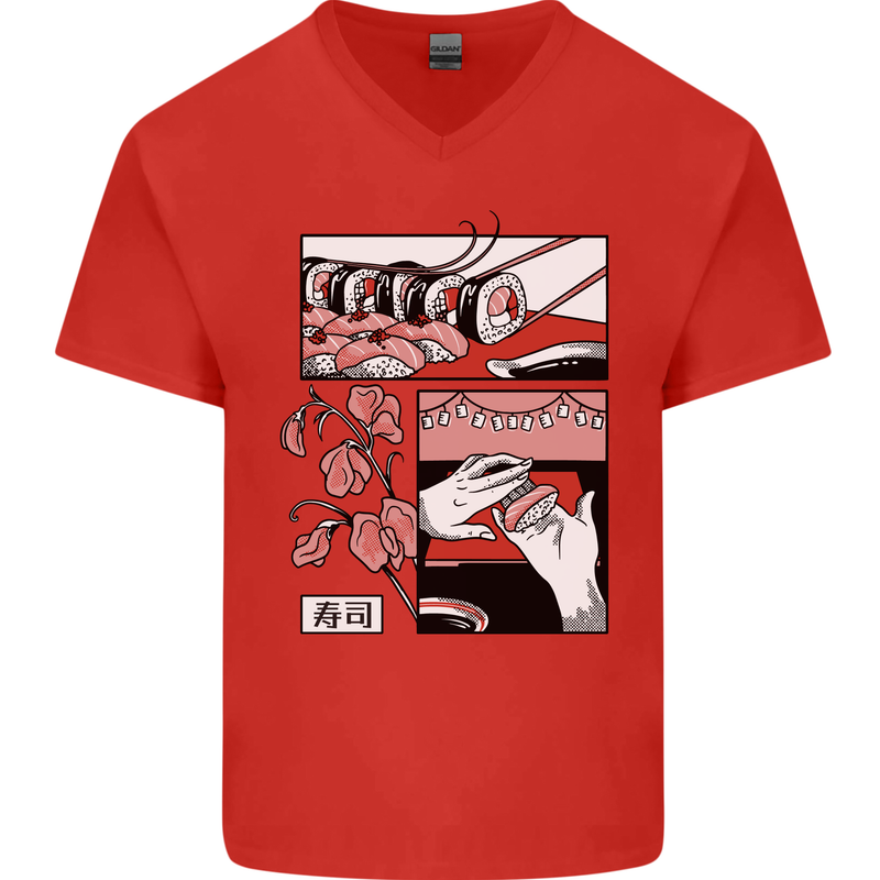 Sushi Mens V-Neck Cotton T-Shirt Red