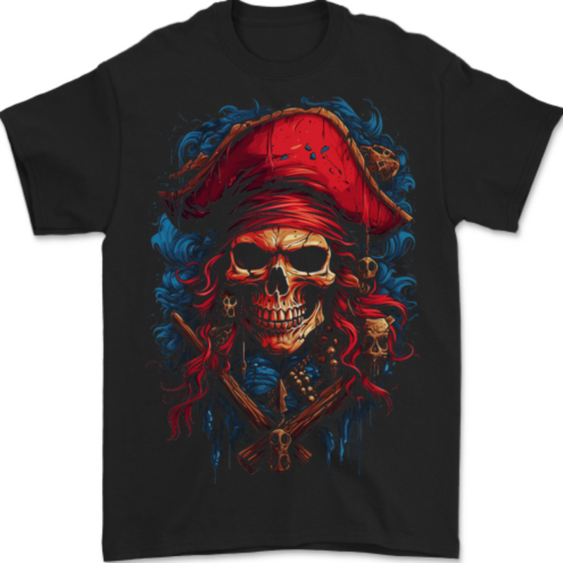 Swashbuckling Pirate Skull Mens T-Shirt 100% Cotton BLACK