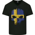 Sweden Skull Flag Gym Bodybuilding Biker Mens V-Neck Cotton T-Shirt Black