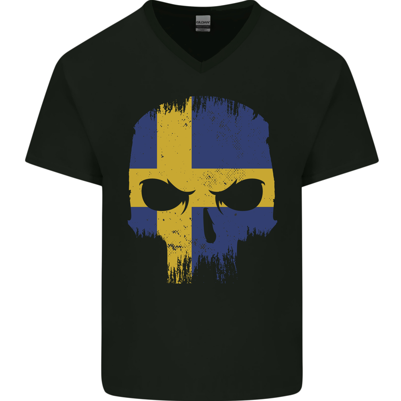 Sweden Skull Flag Gym Bodybuilding Biker Mens V-Neck Cotton T-Shirt Black