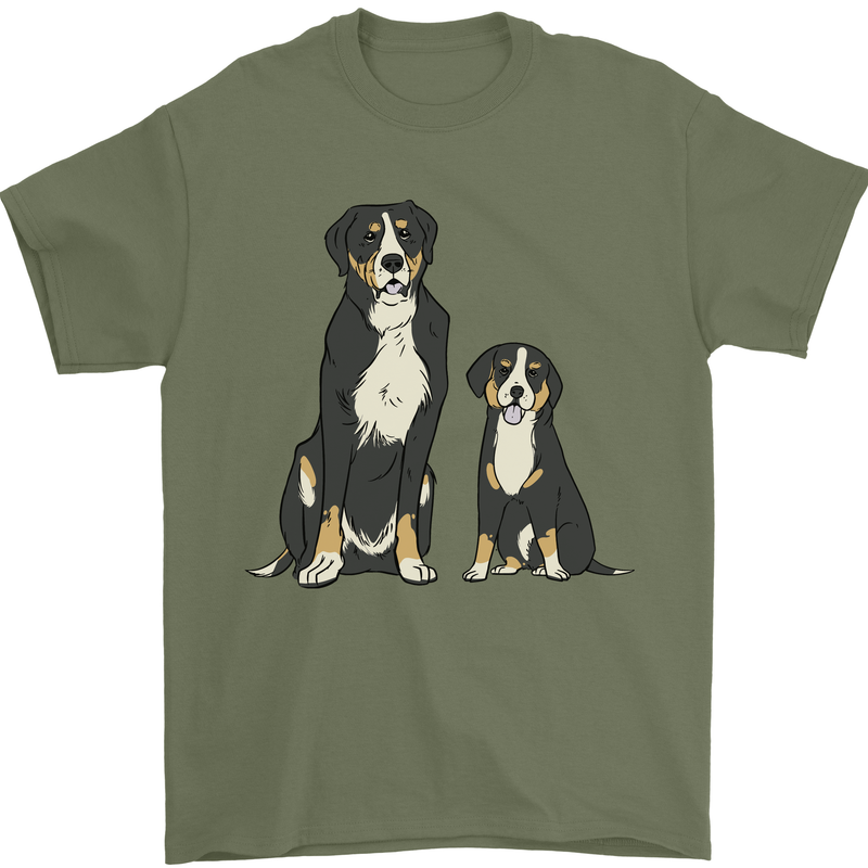 Swiss Mountain Dog & Puppy Sennenhund Mens T-Shirt 100% Cotton Military Green