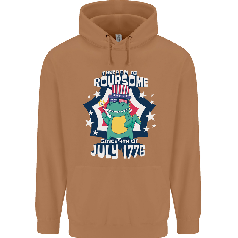 T-Rex American Independence Day July 4th Funny Mens 80% Cotton Hoodie Caramel Latte