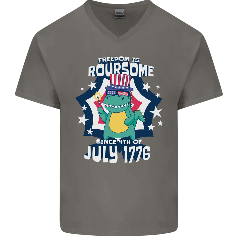 T-Rex American Independence Day July 4th Funny Mens V-Neck Cotton T-Shirt Charcoal