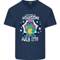 T-Rex American Independence Day July 4th Funny Mens V-Neck Cotton T-Shirt Navy Blue