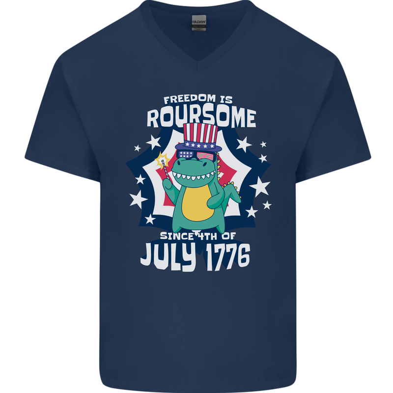 T-Rex American Independence Day July 4th Funny Mens V-Neck Cotton T-Shirt Navy Blue