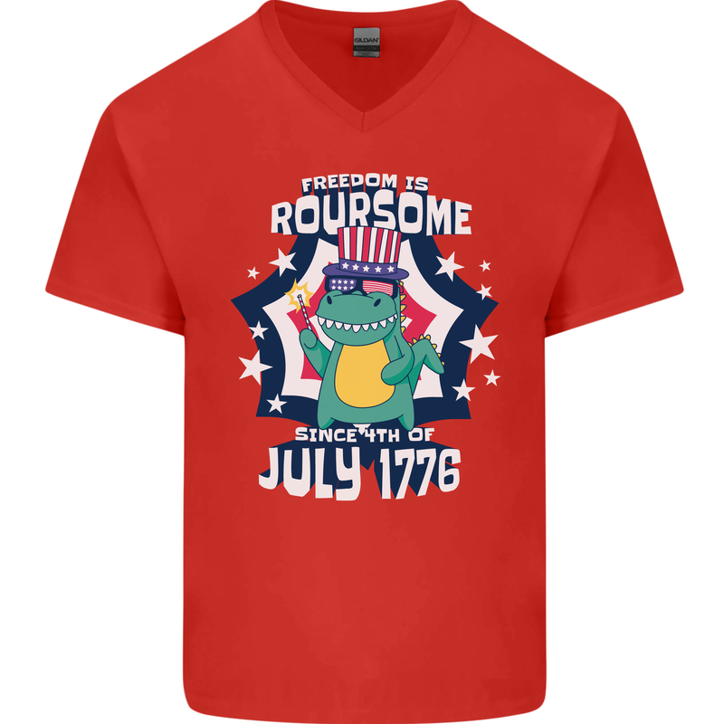 T-Rex American Independence Day July 4th Funny Mens V-Neck Cotton T-Shirt Red