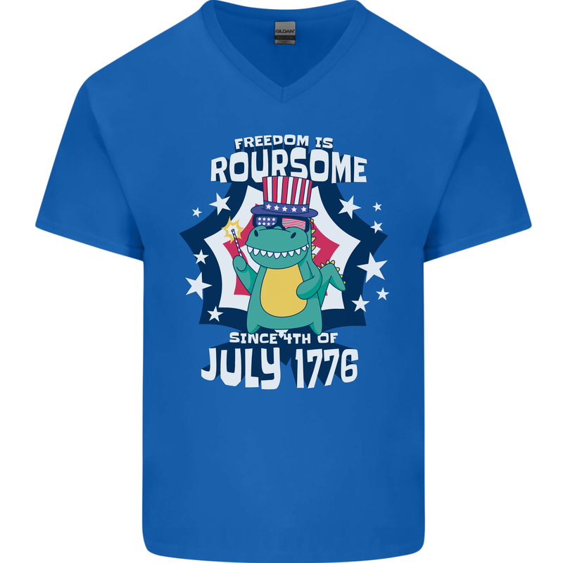 T-Rex American Independence Day July 4th Funny Mens V-Neck Cotton T-Shirt Royal Blue
