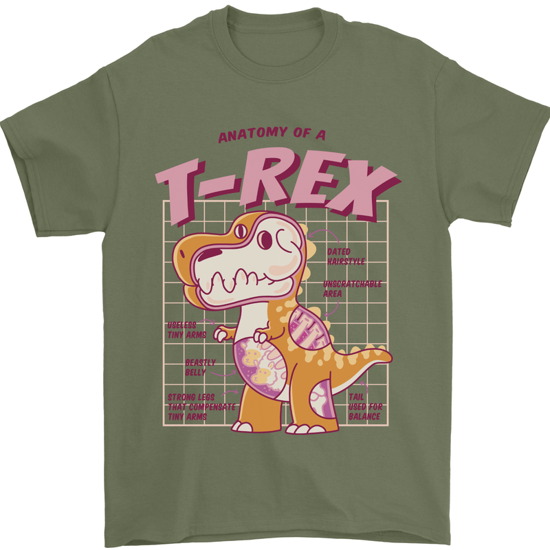 T-Rex Anatomy Dinosaur Mens T-Shirt 100% Cotton Military Green