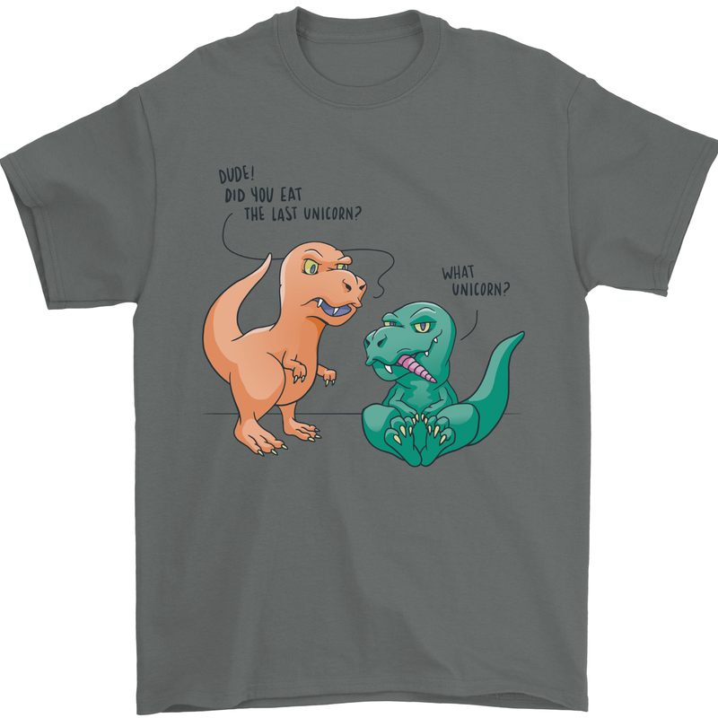 T-Rex Eating the Last Unicorn Funny Dinosaur Mens T-Shirt 100% Cotton Charcoal