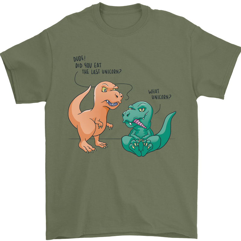 T-Rex Eating the Last Unicorn Funny Dinosaur Mens T-Shirt 100% Cotton Military Green