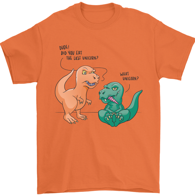 T-Rex Eating the Last Unicorn Funny Dinosaur Mens T-Shirt 100% Cotton Orange