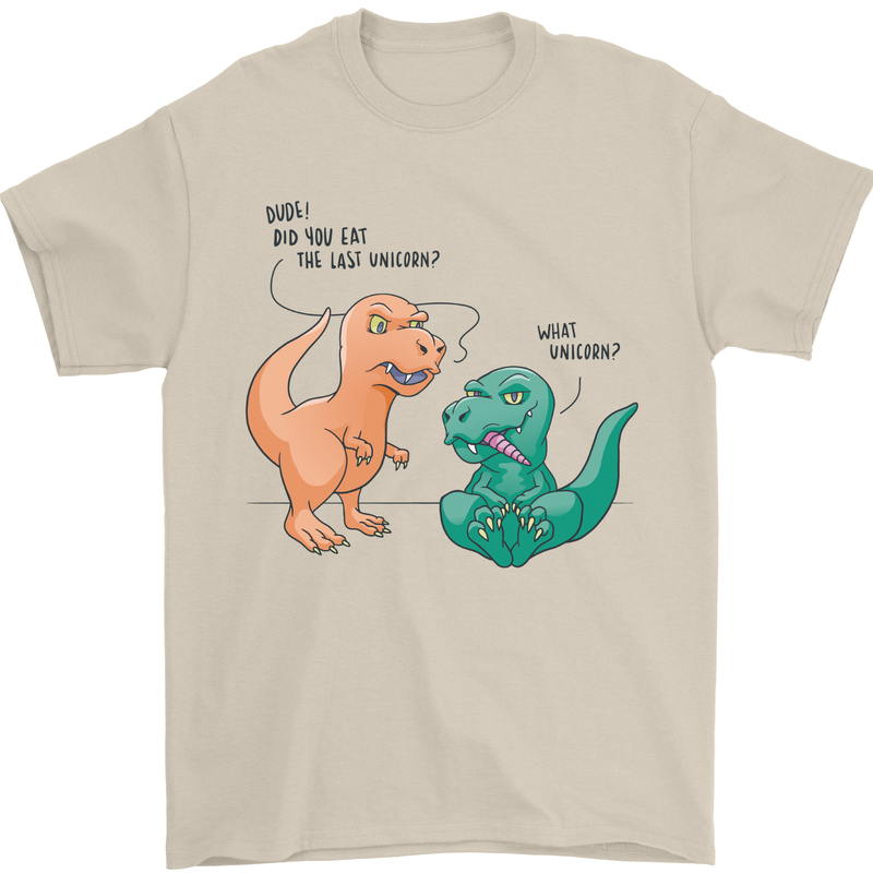 T-Rex Eating the Last Unicorn Funny Dinosaur Mens T-Shirt 100% Cotton Sand