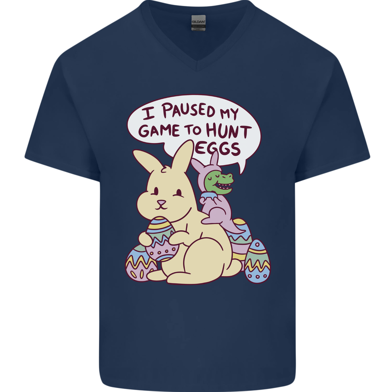 T-Rex Egg Hunt Mens V-Neck Cotton T-Shirt Navy Blue
